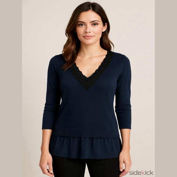 Weekend MaxMara Tops - Weekend MaxMara Silk Cotton Tunic Top Sz L Navy Lace Trim Pleated Hem 3/4 Sleeve